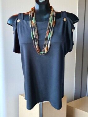Cable & Gauge Black Women's Cold Shoulder Top With Gold Buttons & Necklace